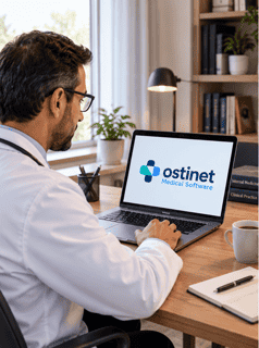 Ιατρός δουλεύει στο Ostinet από τον υπολογιστή, από κάπου αλλού